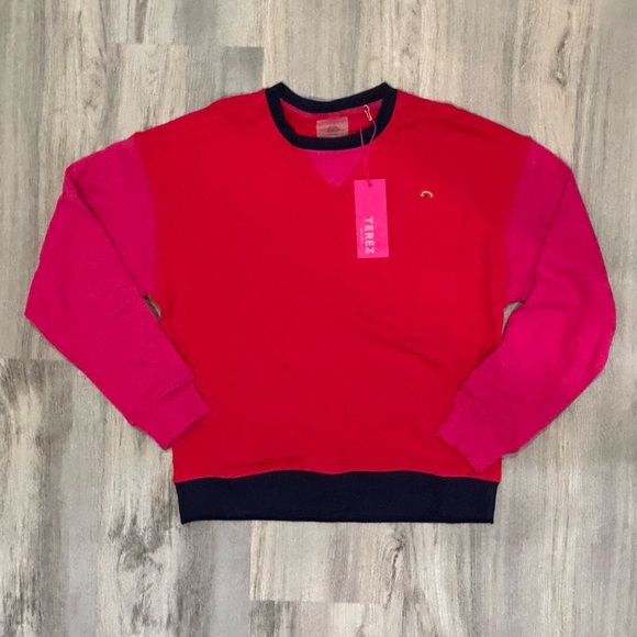 NWT Terez Pink Red Colorblock Oversized Pullover Crewneck Sweatshirt Size XS - Picture 1 of 6
